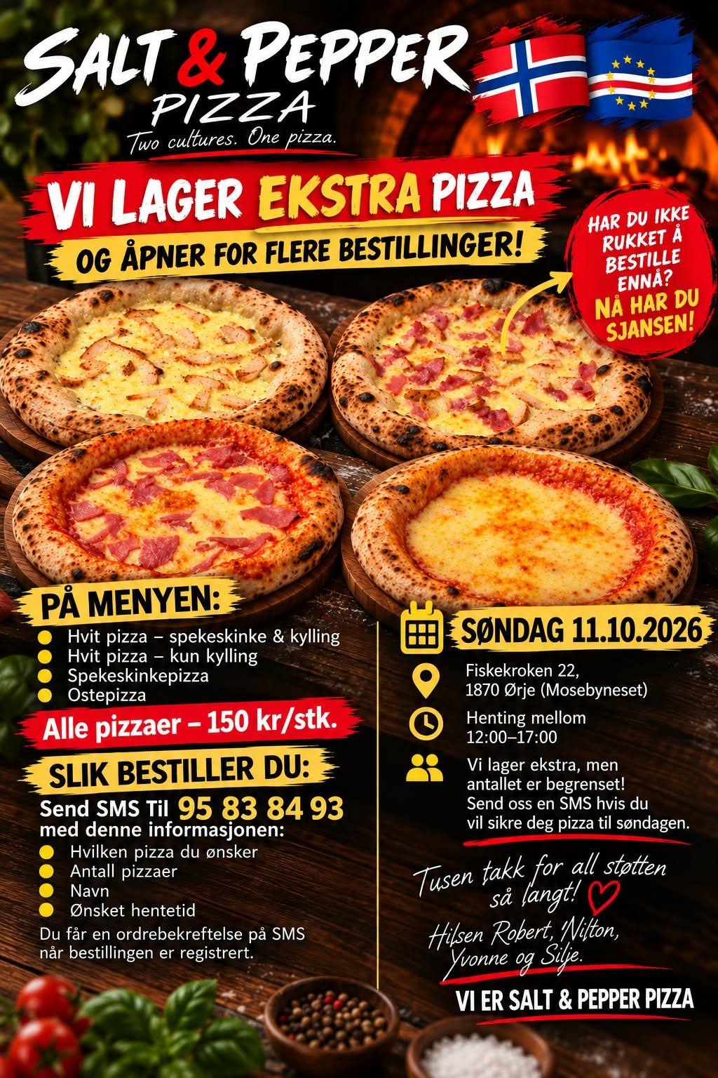 Plakat for hjemmeutsalg av Salt & Pepper Pizza søndag 11. oktober 2026